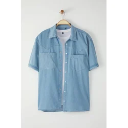 Trendyol Blue Wide Fit Short Sleeve Western Denim Jeans Shirt