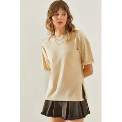 Bianco Lucci Womens Side Slit Sleeve Folding Detailed Crew Neck Short Sleeve Basic T-Shirt