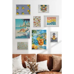 WallXpert set od 8 uramljenih slika Çgs-055, letnji mediteranski motivi – limuni, plaža, koktel i kombi, beli ram