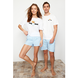 Trendyol Womens Couple/Pair White-Multicolor 100% Cotton Striped Knitted Pajamas Set