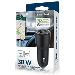 TA-UC-AC2PDQC38-CAR-01 Gembird 2-port USB car fast charger, Type-C PD, 38W, black