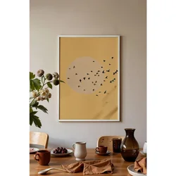 WallXpert uramljena slika 115224, jato ptica ispred svetlog sunca na oker pozadini, 50 x 70 cm, beli ram