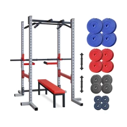 IRON SPORT Kavez sa dodacima za propadanje trbušnjake i zgibove sa ravnom klupom 128kg tegova i 2+1 šipkom