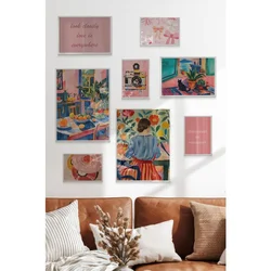 WallXpert set od 8 manjih uramljenih slika Çgs-077, šareni enterijeri, žena u cvetnoj bašti, fotoaparat i mašne u roze tonovima, beli ram