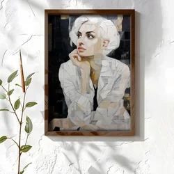 WallXpert uramljena MDF slika NAL167-70, žena sa belom kosom u kolaž stilu na tamnoj pozadini, 50 x 70 cm
