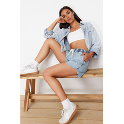 Trendyol Light Blue Elastic Waist High Waist Denim Shorts