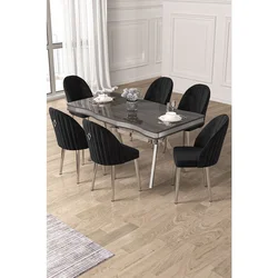 Hanah Home trpezarijski set Pem, sto i 6 stolica, antracit ploča Irony, hromirane noge, crna tkanina Babyface