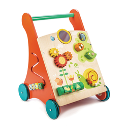 Drvena hodalica s motivom vrta Baby Activity Walker Tender Leaf Toys s raznim funkcijama i kockama od 18 mjeseci starosti