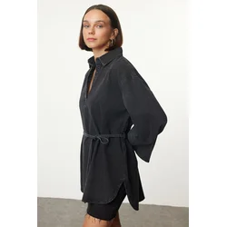 Trendyol Anthracite Oversize Tied Denim Shirt