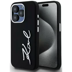 Ovitek Karl Lagerfeld silikonski kovinski ovitek Script Logo za iPhone 15 Pro Max črn (KLHCP15XSCMSMVK)