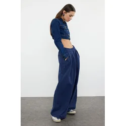 Trendyol Navy Blue Pleated High Waist Wide Leg Jeans