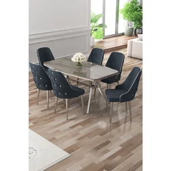 Hanah Home trpezarijski set Asel, sto i 6 stolica, antracit ploča Irony, hromirane noge, antracit tkanina Babyface