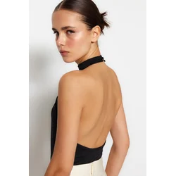 Trendyol Black Standing Neck Low-Cut Back Flexible Knitted Body with Snap Button