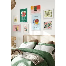 WallXpert set od 8 manjih uramljenih slika Çgs-046, voćni motivi u zelenoj i roze – jagode, mleko, kaktus i biljne šare, beli ram