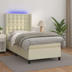 vidaXL Box spring postelja z vzmetnico LED krem 90x190 cm umetno usnje
