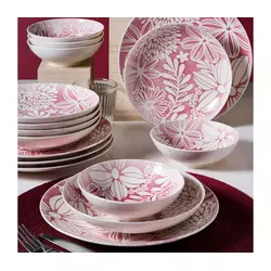 Jedilni set, 18 kosov, rdeča/bela, porcelan