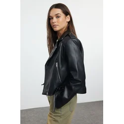 Trendyol Black Regular Faux Leather Birker Jacket Coat