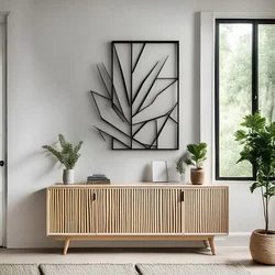 WallXpert metalni zidni ukras DCV-1058-MT, geometrijski list u pravougaonom ramu, 70 x 56 cm, crni