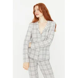 Trendyol Grey 100% Cotton Plaid Knitted Pajamas Set