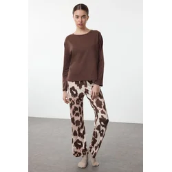 Trendyol Brown 100% Cotton Leopard Print Knitted Pajamas Set