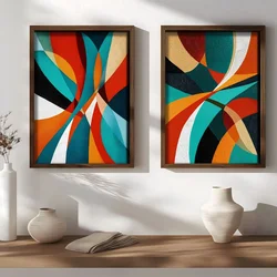 WallXpert set uramljenih MDF slika NAL202-46, apstraktne krivine u tirkiznoj, narandžastoj, crvenoj i crnoj, 2 x 35,5 x 47 cm