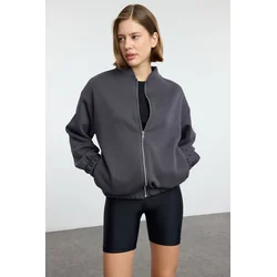 Trendyol Anthracite Zippered Oversize/Wide Pattern Thick Polar Fleece Knitted Sweatshirt