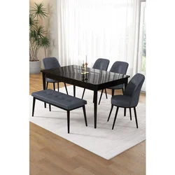 Hanah Home trpezarijski set Pir, sto, 4 stolice i klupa, ploča u dekoru crnog mermera, dimno siva tkanina Babyface