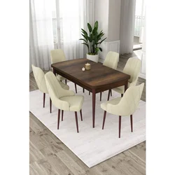 Hanah Home trpezarijski set Eta, sto na razvlačenje i 6 stolica, ploča u dekoru drveta Baroque, krem tkanina Babyface