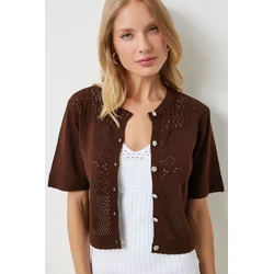 Happiness Istanbul Womens Brown Openwork Seasonal Knitwear Cardigan