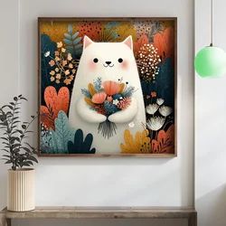 WallXpert uramljena MDF slika DOS006-70, bela mačka sa buketom cveća među šarenim biljkama, 70 x 70 cm