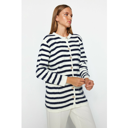 Trendyol Ecru Navy Blue Striped Gold Button Detailed Soft Textured Knitwear Cardigan