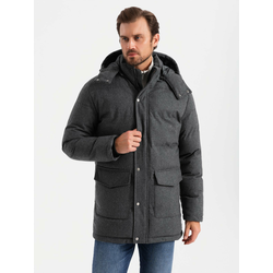 Ombre Mens long warm parka jacket with wool - black melange