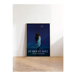 WallXpert uramljena slika 115215, žena u beloj haljini pruža ruku ka mesecu na noćnom nebu, 50 x 70 cm, ram u boji prirodnog drveta