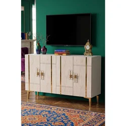 Hanah Home komoda Ilay 120, 120 cm, bela / travertin / zlatna