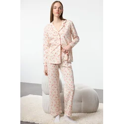 Trendyol Ecru 100% Cotton Floral Knitted Pajama Set