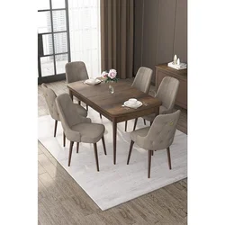 Hanah Home trpezarijski set Nex, sto na razvlačenje i 6 stolica, ploča u dekoru drveta Baroque, kapućino tkanina Babyface