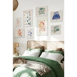 WallXpert set od 8 uramljenih slika Çgs-037, ilustracije u plavoj i narandžastoj – šolja kafe, ženski portreti i kuhinjski motivi, beli ram