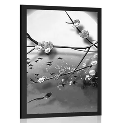 Plakat drevesna veja ob polni luni v črnobeli varianti - 30x45 silver