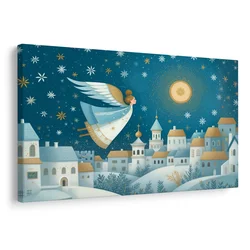Božična slika angel nad zimsko vasjo - 90x60