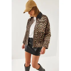 Bianco Lucci Womens Leopard Print Collar Leather Detailed Coat