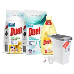 Duel Praškasti deterdžent Strong Whiteness 2,7kg + Soft lotus 2,7kg + Omekšivač Soft Lotus 2,45l + kutija za prašak