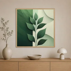 WallXpert uramljena slika na platnu Cc-K-Ah-1014, zelena grana sa listovima na zelenoj i svetloj pozadini, 60 x 60 cm