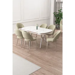 Hanah Home trpezarijski set Jita, sto i 6 stolica, ploča u dekoru belog mermera, hromirane noge, krem tkanina Babyface