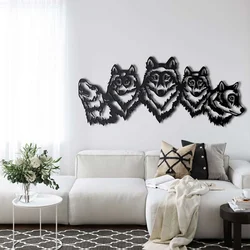 WallXpert metalni zidni ukras 5134, glave pet vukova u nizu, 61 x 25 cm, crni