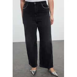 Trendyol Curve Anthracite High Waist Pockets Stoned Wide Leg Plus Size Jeans