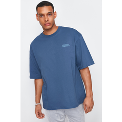 Trendyol Indigo Oversize 100% Cotton Crew Neck Minimal Text Printed T-Shirt