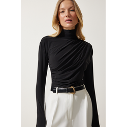 Happiness Istanbul Womens Black Shirred Detail Standing Collar Sandy Blouse