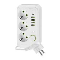Produžni razdelnik LINEA sa prekidačem, 3x 230 V + 5x USB A/C (SCHUKO), kabl 1,5 m, beo