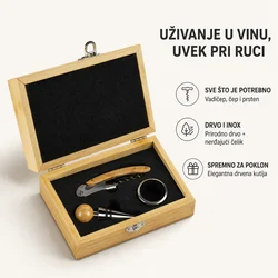 Vinski set ROSE 3u1 u drvenoj kutiji - vadičep, čep i prsten, poklon set