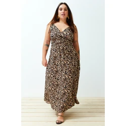 Trendyol Curve Camel Maxi Slit Detailed Leopard Patterned Woven Dress